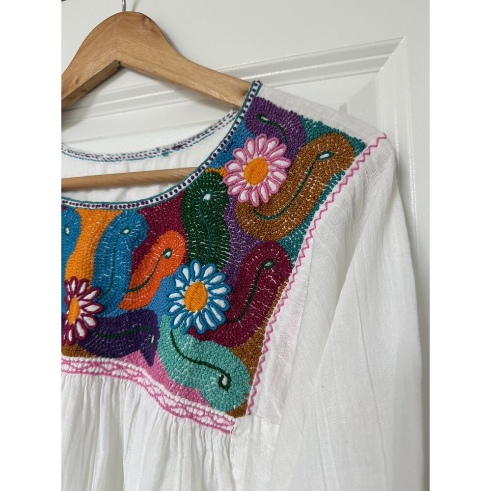 Handmade Mexican Embroidered Cotton Gauze Tunic Blouse Size S White Peasant - Picture 7 of 11